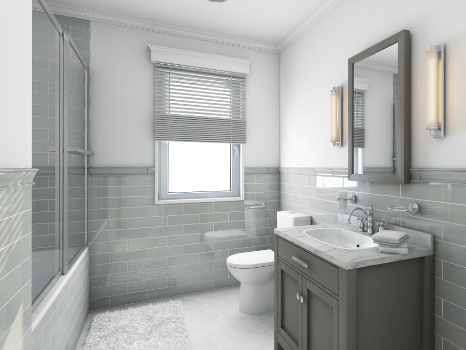 Gray brick-style walls of bathroom with dark gray vanity and a shower-tub unit