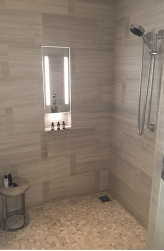 Personal shower area with small lit alcove